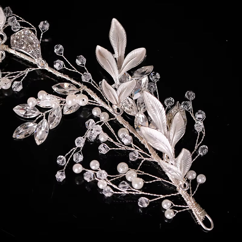 Bridal Hair Accessories Crystal Pearl Headband Tiara Rhinestone Leaf Headband Hairband for Women Elegant Princess Headwear
