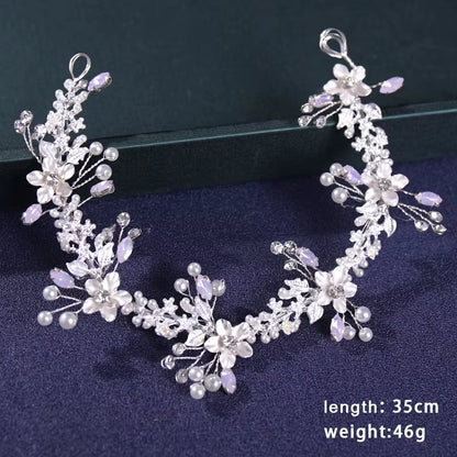 Bridal Hair Accessories Crystal Pearl Headband Tiara Rhinestone Leaf Headband Hairband for Women Elegant Princess Headwear