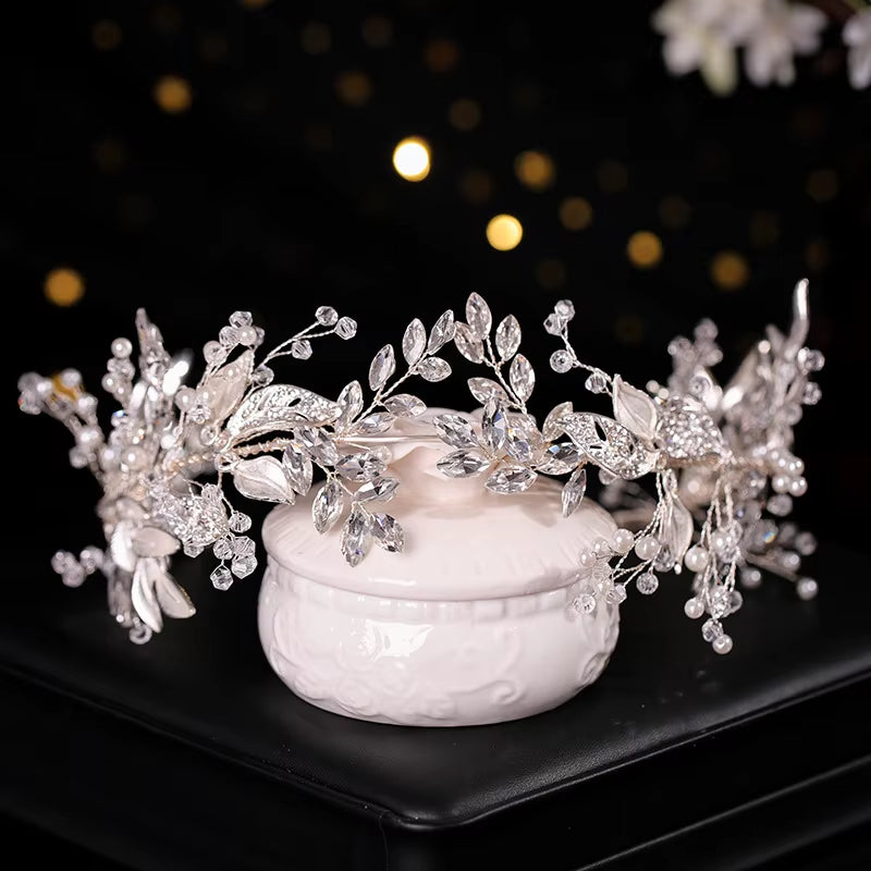Bridal Hair Accessories Crystal Pearl Headband Tiara Rhinestone Leaf Headband Hairband for Women Elegant Princess Headwear