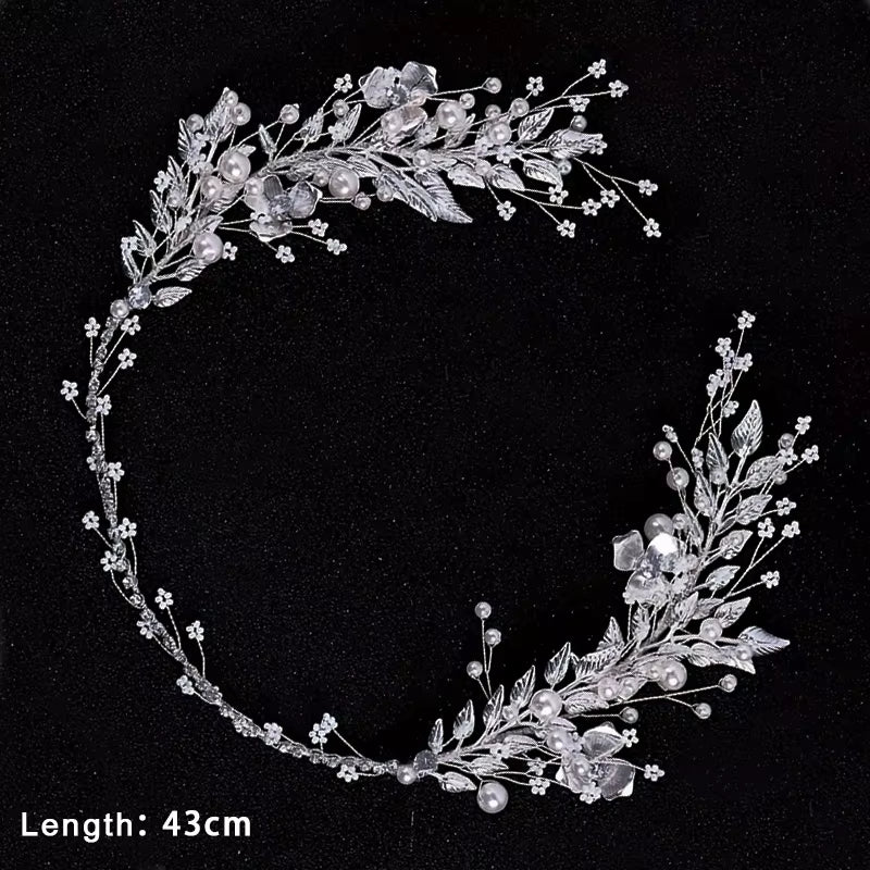 Bridal Hair Accessories Crystal Pearl Headband Tiara Rhinestone Leaf Headband Hairband for Women Elegant Princess Headwear