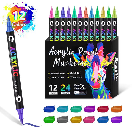 24-120 Colors Acrylic Paint Markers Pens Set Dual Tip Acrylic Paint Markers DIY Brush Tip and Fine Rock Painting Art Supplies