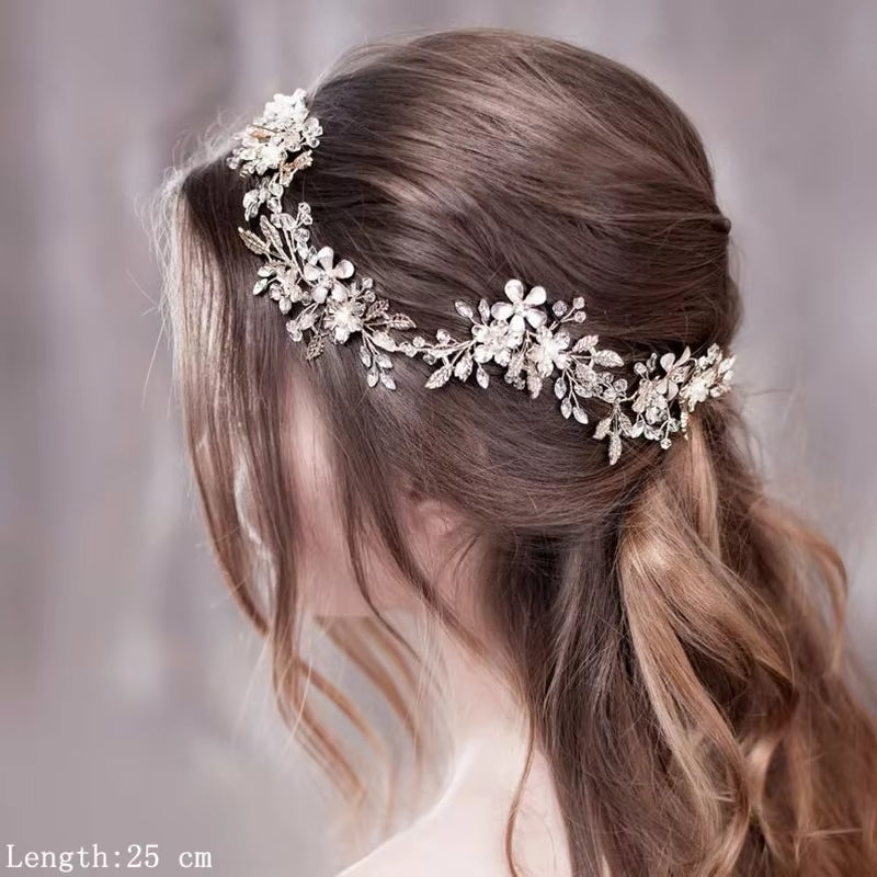 Bridal Hair Accessories Crystal Pearl Headband Tiara Rhinestone Leaf Headband Hairband for Women Elegant Princess Headwear