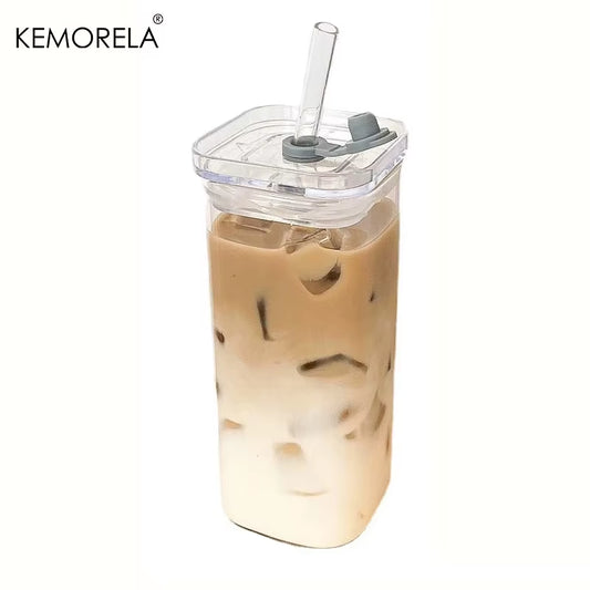 1/2/4/6Pc Square Heat Resistant Coffee Glass Cup with Lid and Straw Transparent Milk Tea Juice Coffee Mug for Home Bar Drinkware